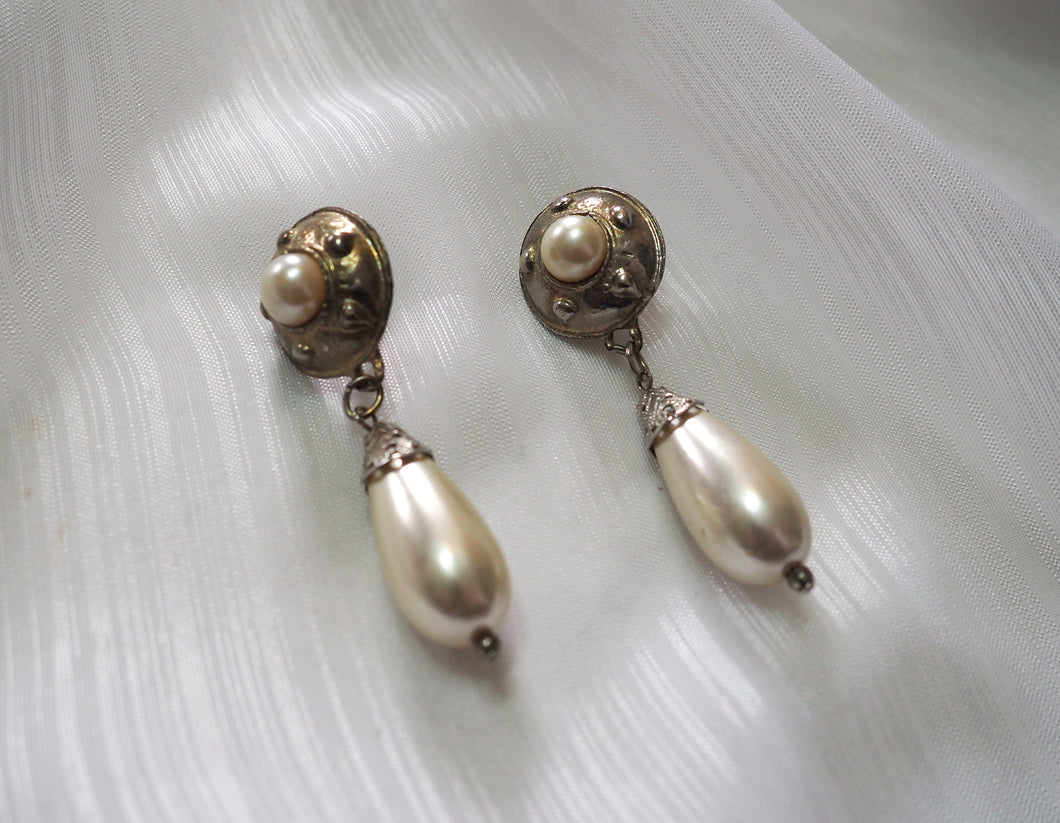 Vintage Pearl Brass Drop Stud Earrings