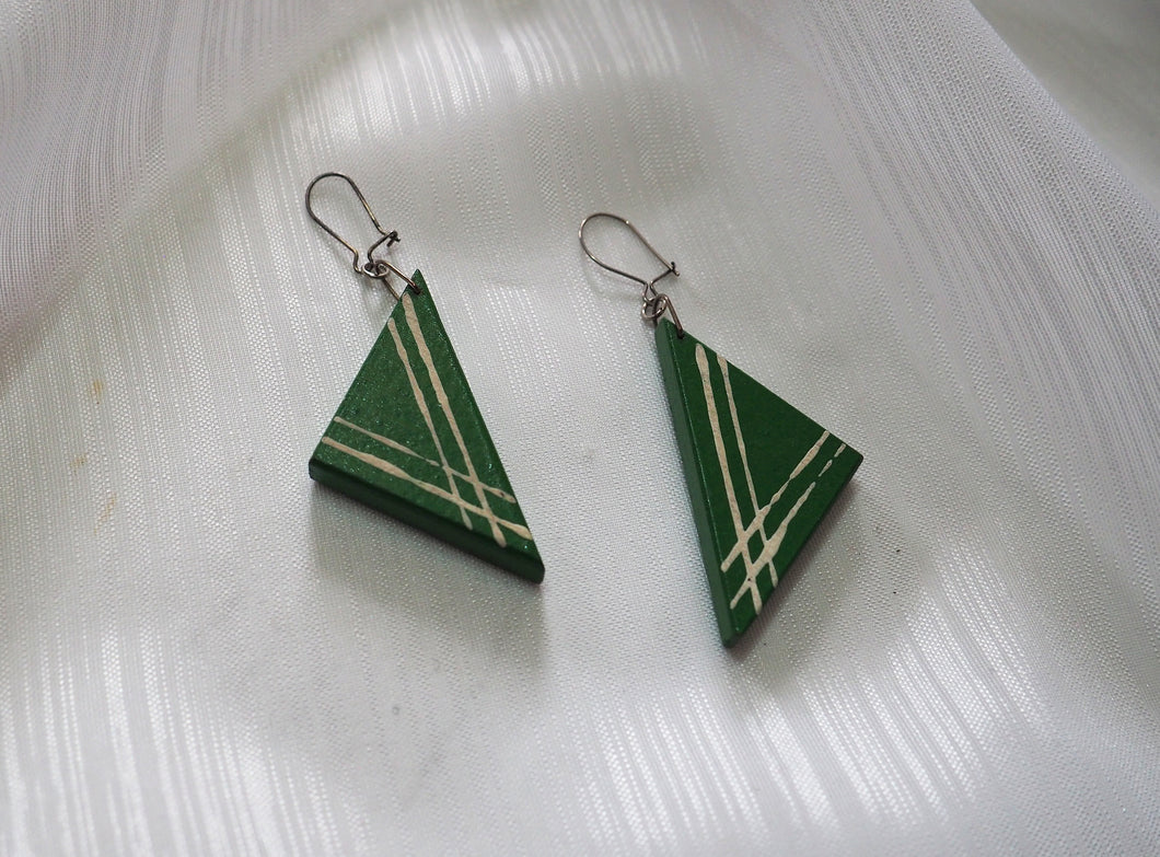 Vintage Green Wooden Triangle Earrings