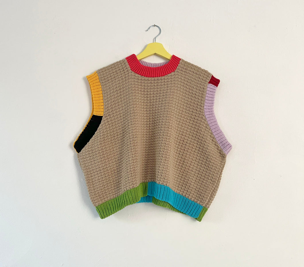 Sample Sale Textured Beige Vest w Colourblock Ribbing ⋮ Full-ish Length Size XL⌇Ready to Ship