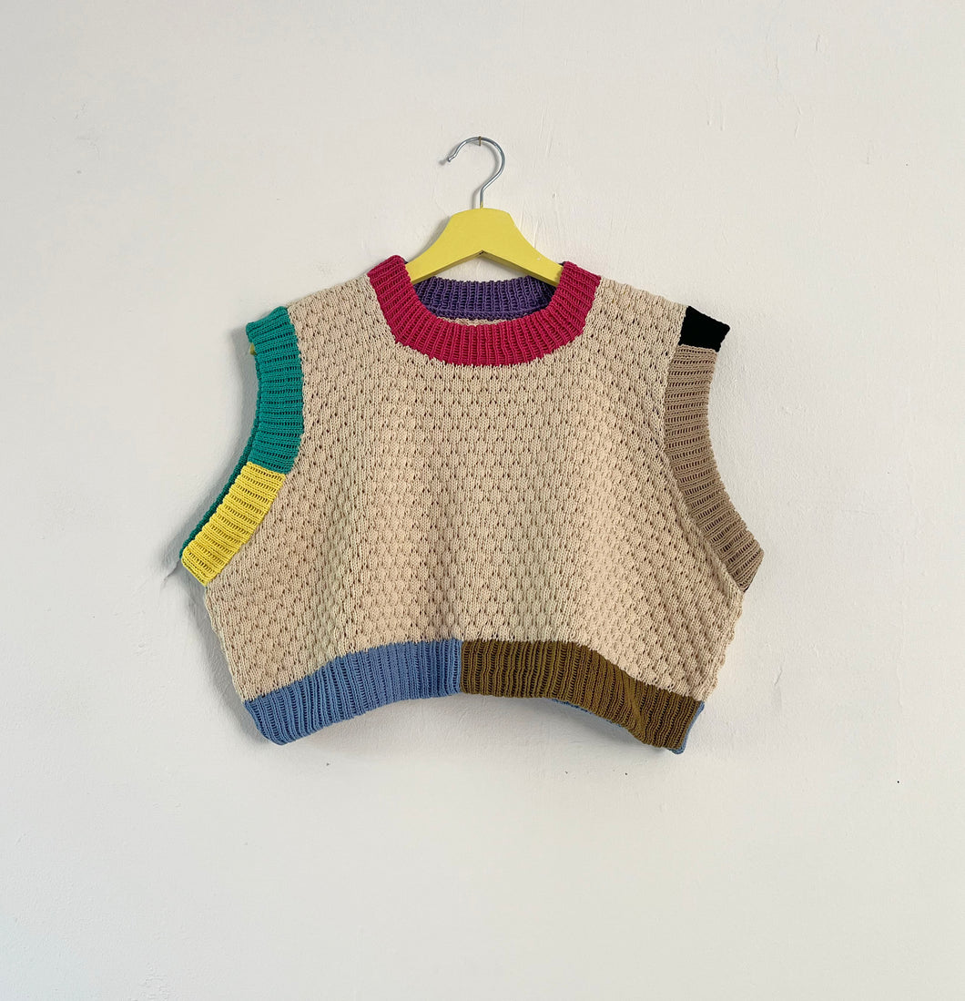 Sample Sale Cream Texture Vest w Colour-block Ribbing ⋮ Crop Size M/L⌇Ready to Ship