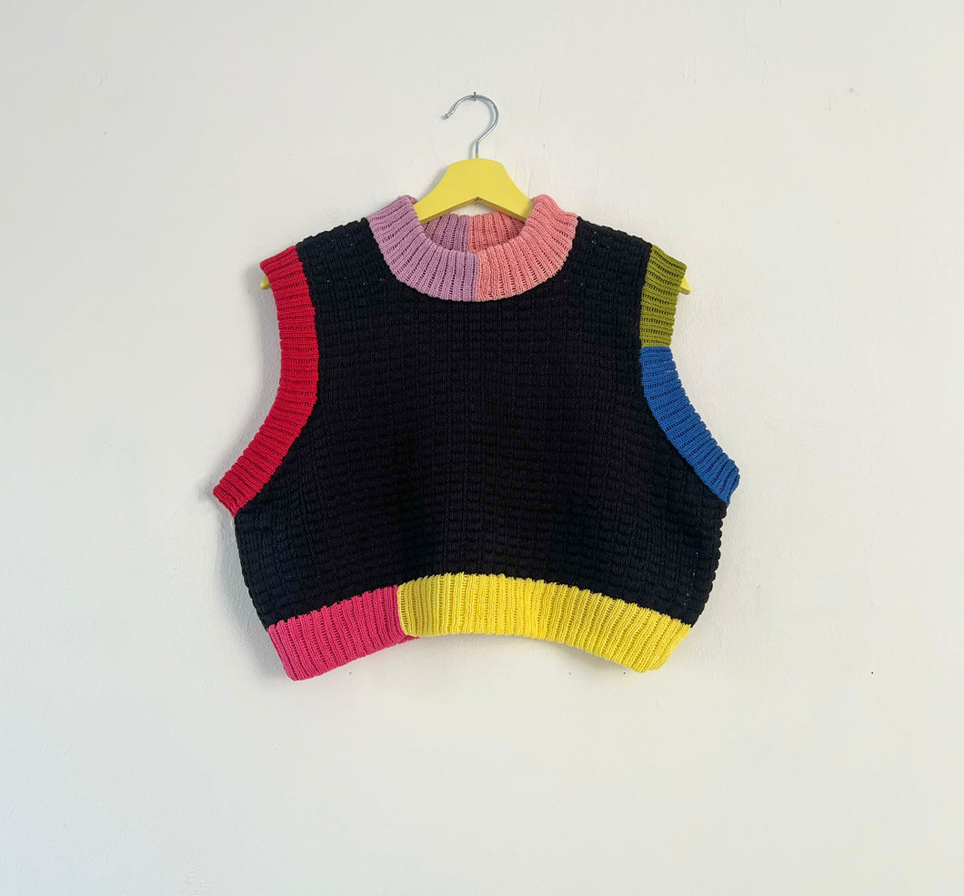 Sample Sale Black Texture Vest w Colour-block Ribbing ⋮ Crop Size S/M⌇Ready to Ship