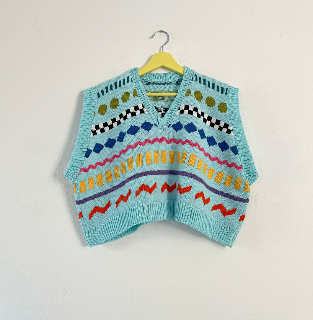 Sample Sale Aqua Blue Shapes V-neck Vest ⋮ Crop Size XL⌇Ready to Ship
