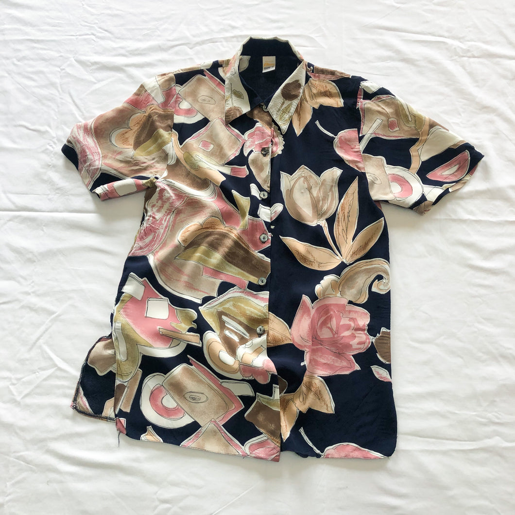 Vintage 90s Size S/M Short Sleeve Black Abstract Floral Shirt